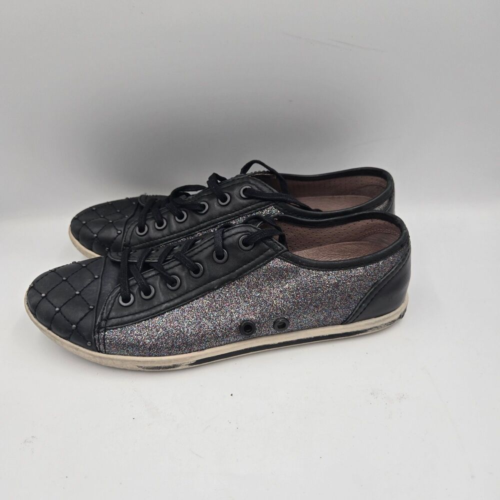 Vince Camuto Shoes Sneakers Size 8 M Black Leather Glitter Sparkle Low Top VTG